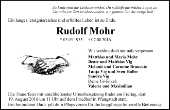 Traueranzeige von Rudolf Mohr von Trauerportal Echo Online