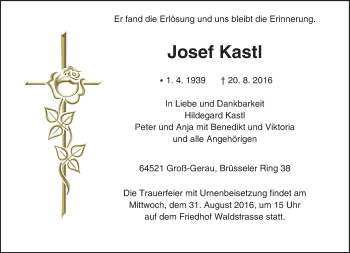 Traueranzeige von Josef Kastl von Trauerportal Echo Online