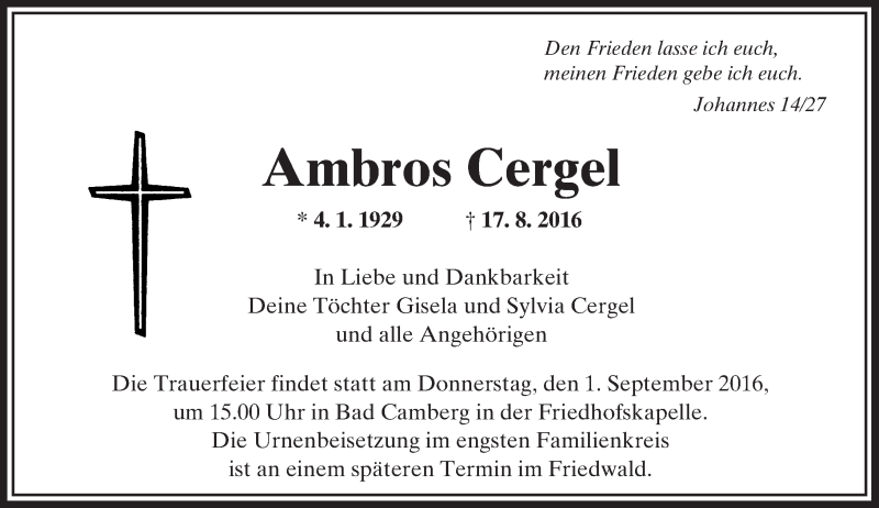  Traueranzeige für Ambros Cergel vom 25.08.2016 aus  Camberger Anzeiger