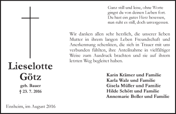 Traueranzeige von Lieselotte Götz von Trauerportal Rhein Main Presse