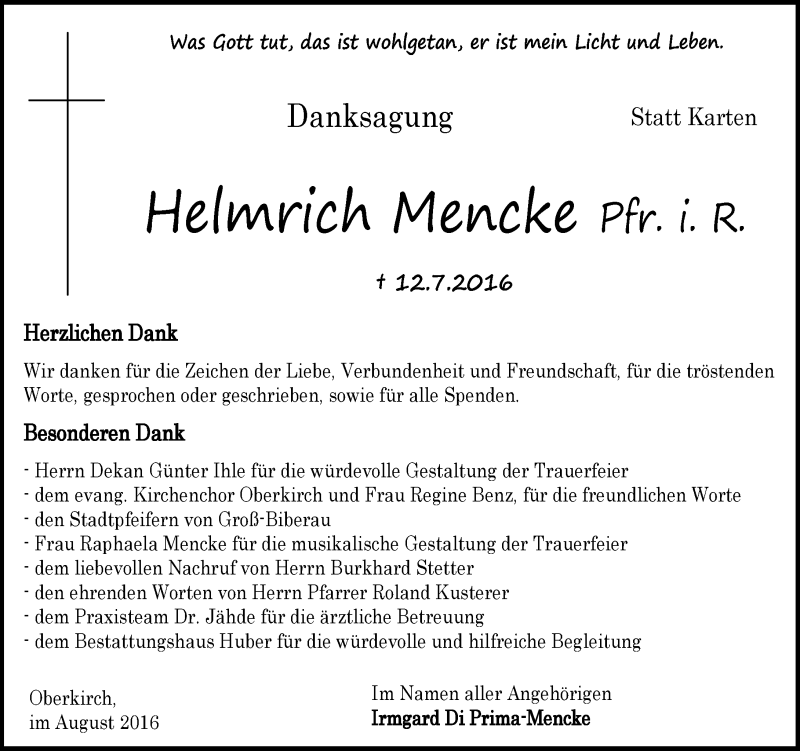  Traueranzeige für Helmrich Mencke vom 13.08.2016 aus Trauerportal Echo Online