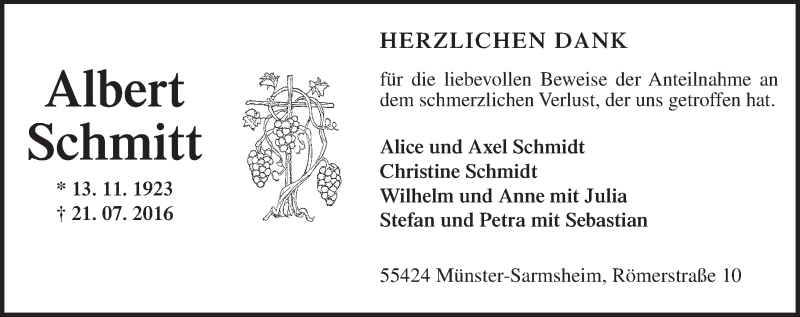  Traueranzeige für Albert Schmitt vom 27.08.2016 aus Trauerportal Rhein Main Presse