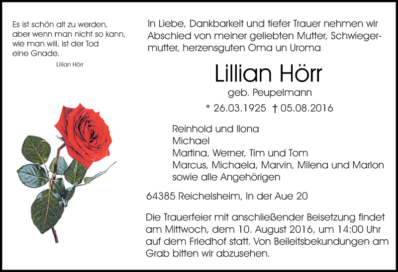 Traueranzeige für Lillian Hörr vom 09.08.2016 aus Trauerportal Echo Online