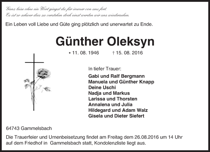  Traueranzeige für Günther Oleksyn vom 23.08.2016 aus Trauerportal Echo Online