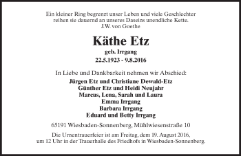 Traueranzeige von Käthe Etz von Trauerportal Rhein Main Presse