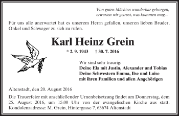 Traueranzeige von Karl Heinz Grein von  Kreisanzeiger