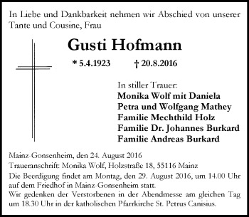 Traueranzeige von Gusti Hofmann von Trauerportal Rhein Main Presse