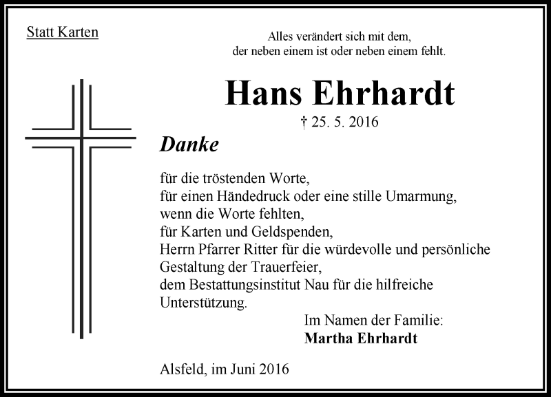  Traueranzeige für Hans Ehrhardt vom 25.06.2016 aus VRM Trauer