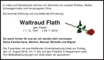 Traueranzeige von Waltraud Flath von Trauerportal Echo Online