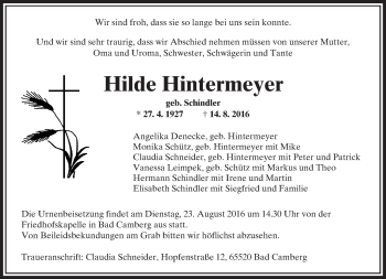 Traueranzeige von Hilde Hintermeyer von  Camberger Anzeiger