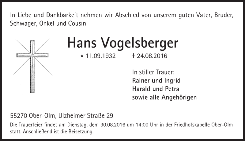  Traueranzeige für Hans Vogelsberger vom 26.08.2016 aus Trauerportal Rhein Main Presse