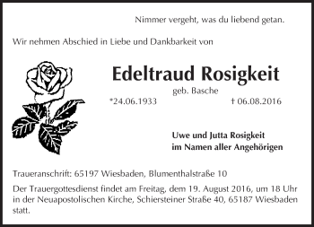 Traueranzeige von Edeltraud Rosigkeit von Trauerportal Rhein Main Presse
