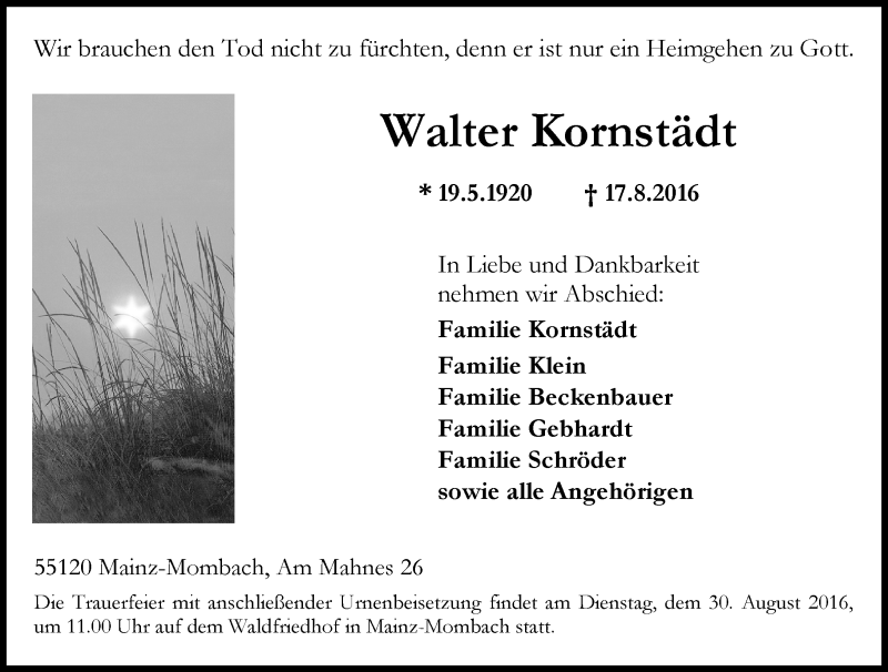  Traueranzeige für Walter Kornstädt vom 24.08.2016 aus Trauerportal Rhein Main Presse