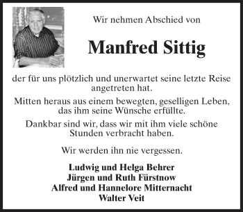 Traueranzeige von Manfred Sittig von Trauerportal Rhein Main Presse