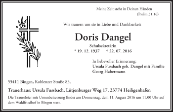 Traueranzeige von Doris Dangel von Trauerportal Rhein Main Presse