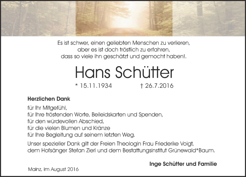  Traueranzeige für Hans Schütter vom 20.08.2016 aus Trauerportal Rhein Main Presse
