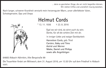 Traueranzeige von Helmut Cords von Trauerportal Echo Online