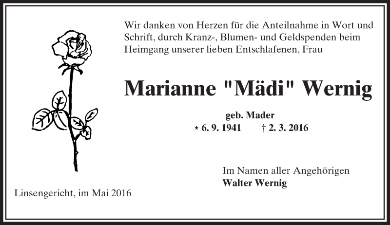  Traueranzeige für Marianne Wernig vom 07.05.2016 aus  Gelnhäuser Tageblatt