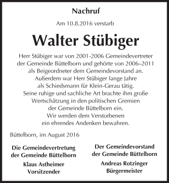 Traueranzeige von Walter Stübiger von Trauerportal Echo Online