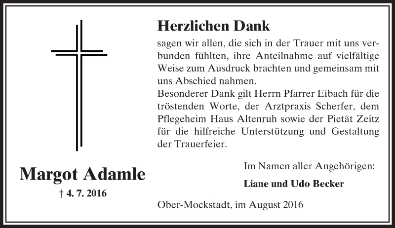  Traueranzeige für Margot Adamle vom 13.08.2016 aus  Kreisanzeiger