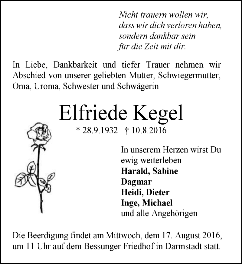  Traueranzeige für Elfriede Kegel vom 13.08.2016 aus Trauerportal Echo Online