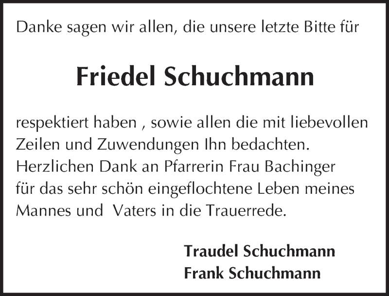  Traueranzeige für Friedel Schuchmann vom 13.08.2016 aus Trauerportal Echo Online