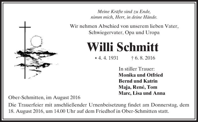  Traueranzeige für Willi Schmitt vom 13.08.2016 aus  Kreisanzeiger