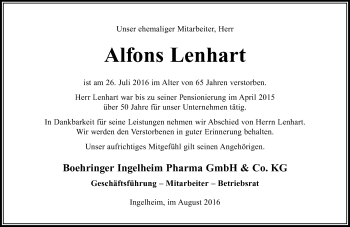 Traueranzeige von Alfons Lenhart von Trauerportal Rhein Main Presse