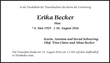 Traueranzeige von Erika Becker von Trauerportal Rhein Main Presse