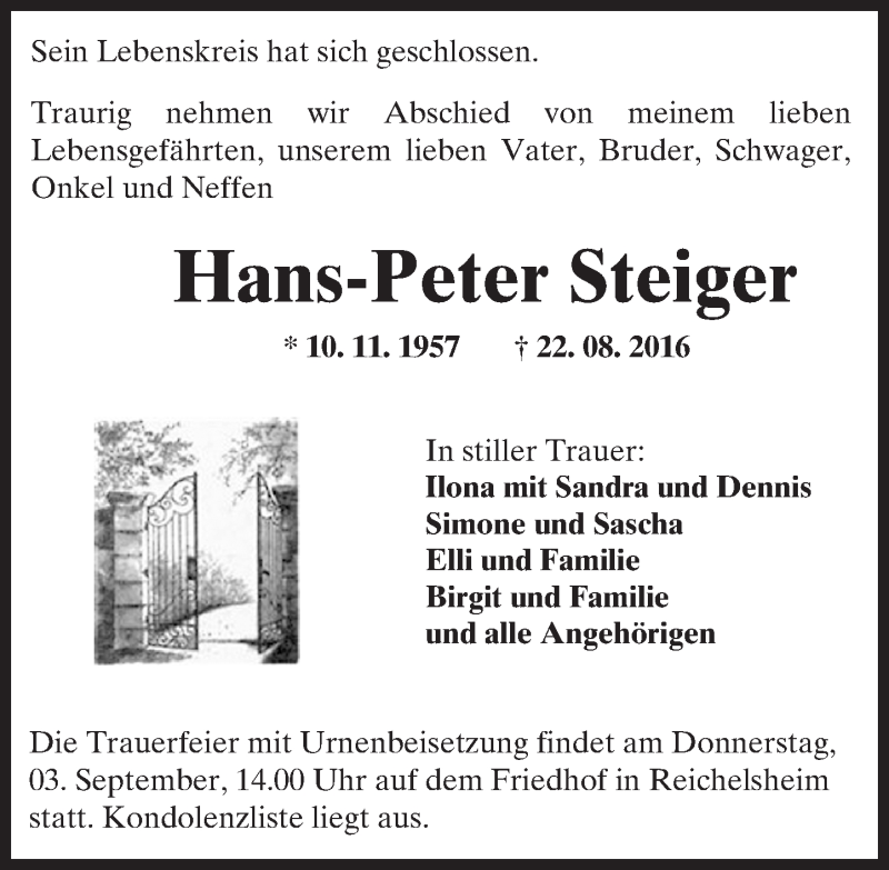  Traueranzeige für Hans-Peter Steiger vom 30.08.2016 aus Trauerportal Echo Online