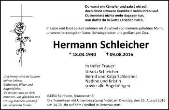 Traueranzeige von Hermann Schleicher von Trauerportal Echo Online