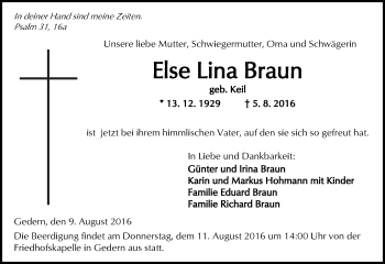 Traueranzeige von Else Lina Braun von  Kreisanzeiger