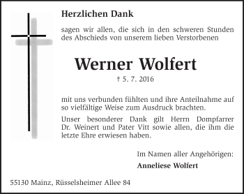 Traueranzeige von Werner Wolfert von Trauerportal Rhein Main Presse