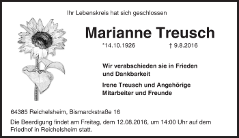Traueranzeige von Marianne Treusch von Trauerportal Echo Online