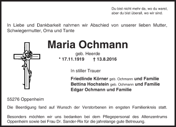 Traueranzeige von Maria Ochmann von Trauerportal Rhein Main Presse