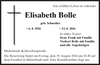 Traueranzeige von Elisabeth Bolle von Trauerportal Echo Online
