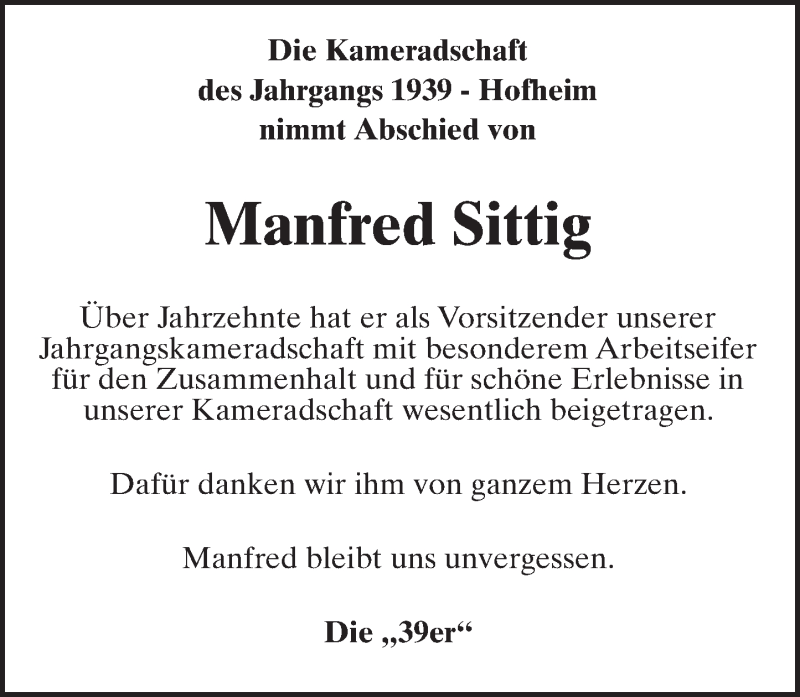  Traueranzeige für Manfred Sittig vom 05.08.2016 aus Trauerportal Rhein Main Presse