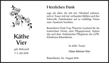 Traueranzeige von Käthe Vier von Trauerportal Rhein Main Presse