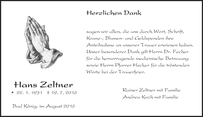  Traueranzeige für Hans Zeltner vom 20.08.2016 aus Trauerportal Echo Online