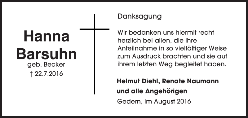  Traueranzeige für Hanna Barsuhn vom 11.08.2016 aus  Kreisanzeiger