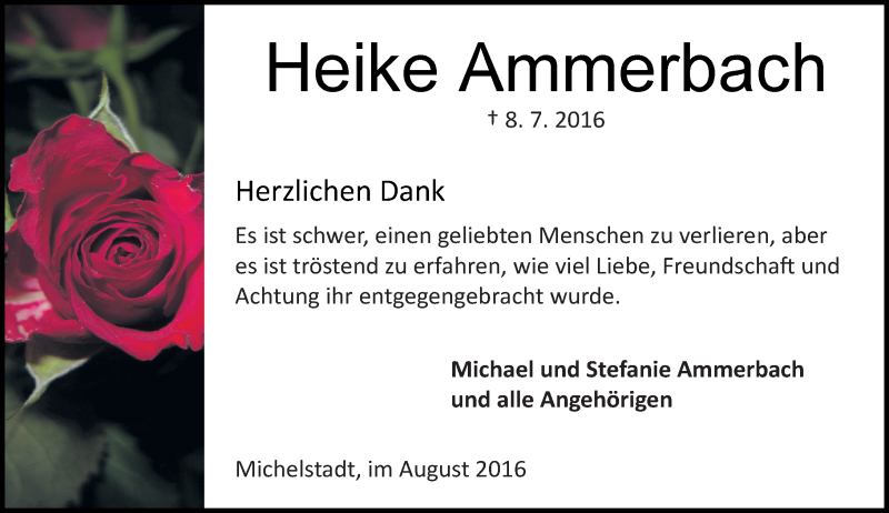  Traueranzeige für Heike Ammerbach vom 06.08.2016 aus Trauerportal Echo Online