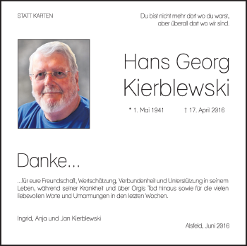 Traueranzeige von Hans Georg Kierblewski von VRM Trauer