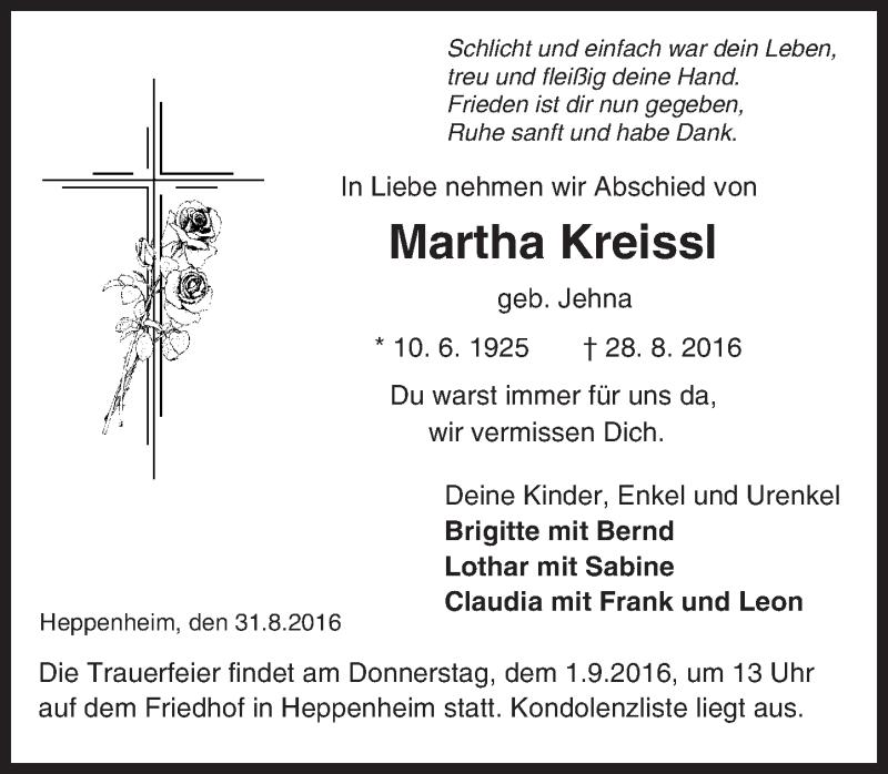  Traueranzeige für Martha Kreissl vom 31.08.2016 aus Trauerportal Echo Online