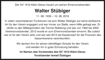 Traueranzeige von Walter Stübiger von Trauerportal Echo Online