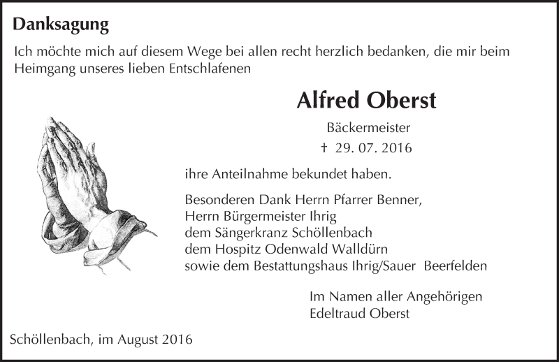  Traueranzeige für Alfred Oberst vom 12.08.2016 aus Trauerportal Echo Online