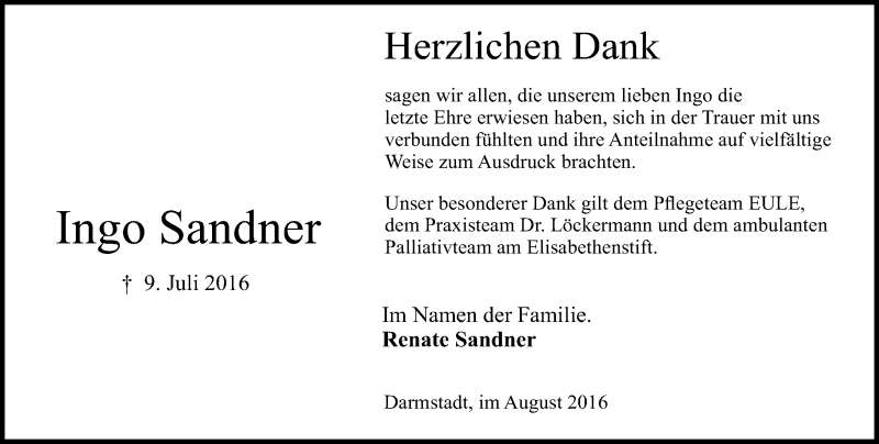 Traueranzeige für Ingo Sandner vom 13.08.2016 aus Trauerportal Echo Online