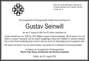 Traueranzeige von Gustav Seinwill von VRM Trauer
