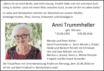 Traueranzeige von Anni Trummheller von Trauerportal Echo Online