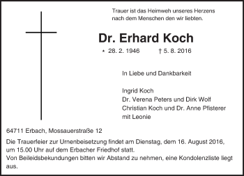 Traueranzeige von Erhard Koch von Trauerportal Echo Online