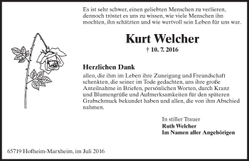 Traueranzeige von Kurt Welcher von Trauerportal Rhein Main Presse
